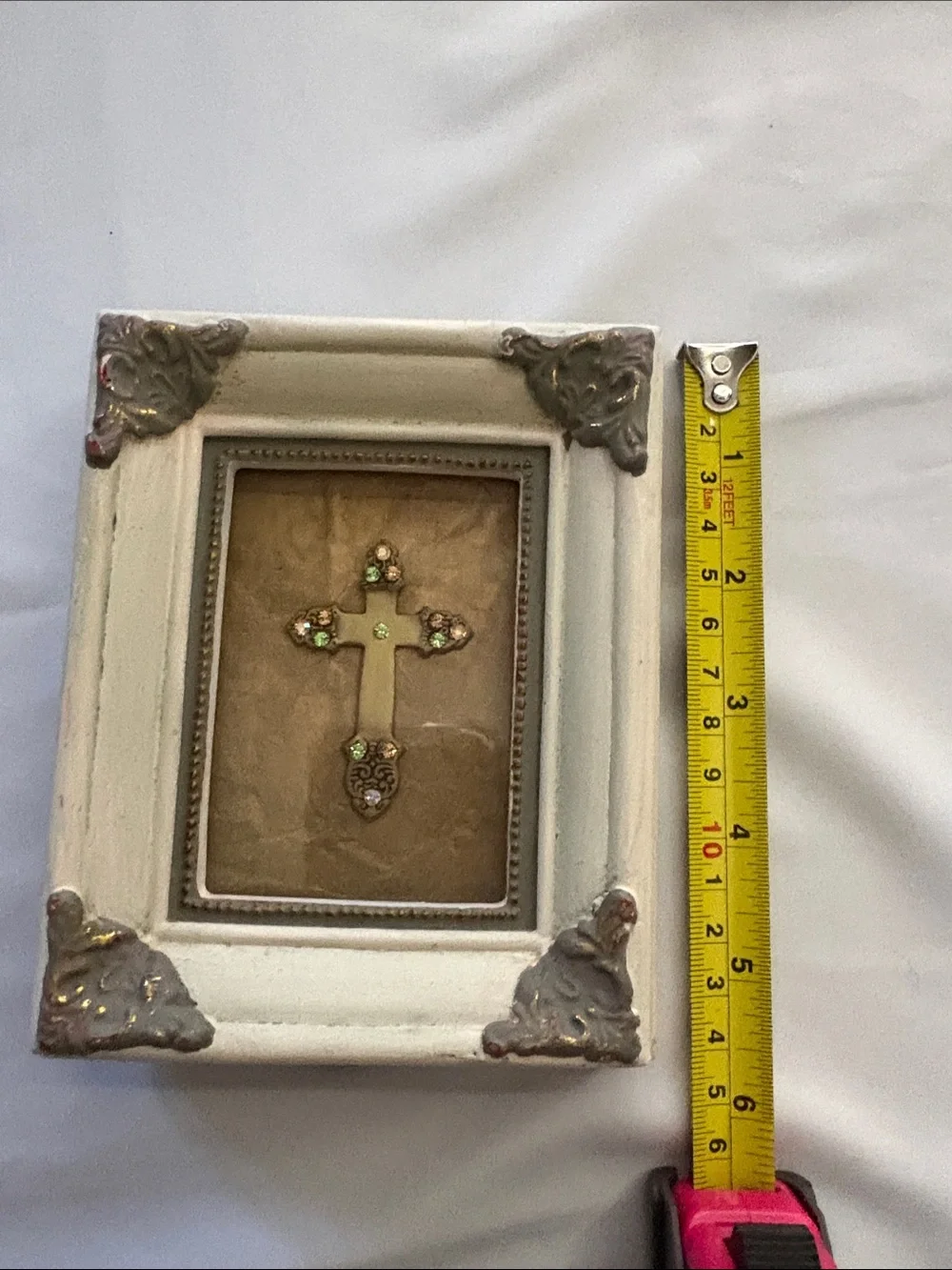 Decorative White Prayer Frame with Embellished Cross